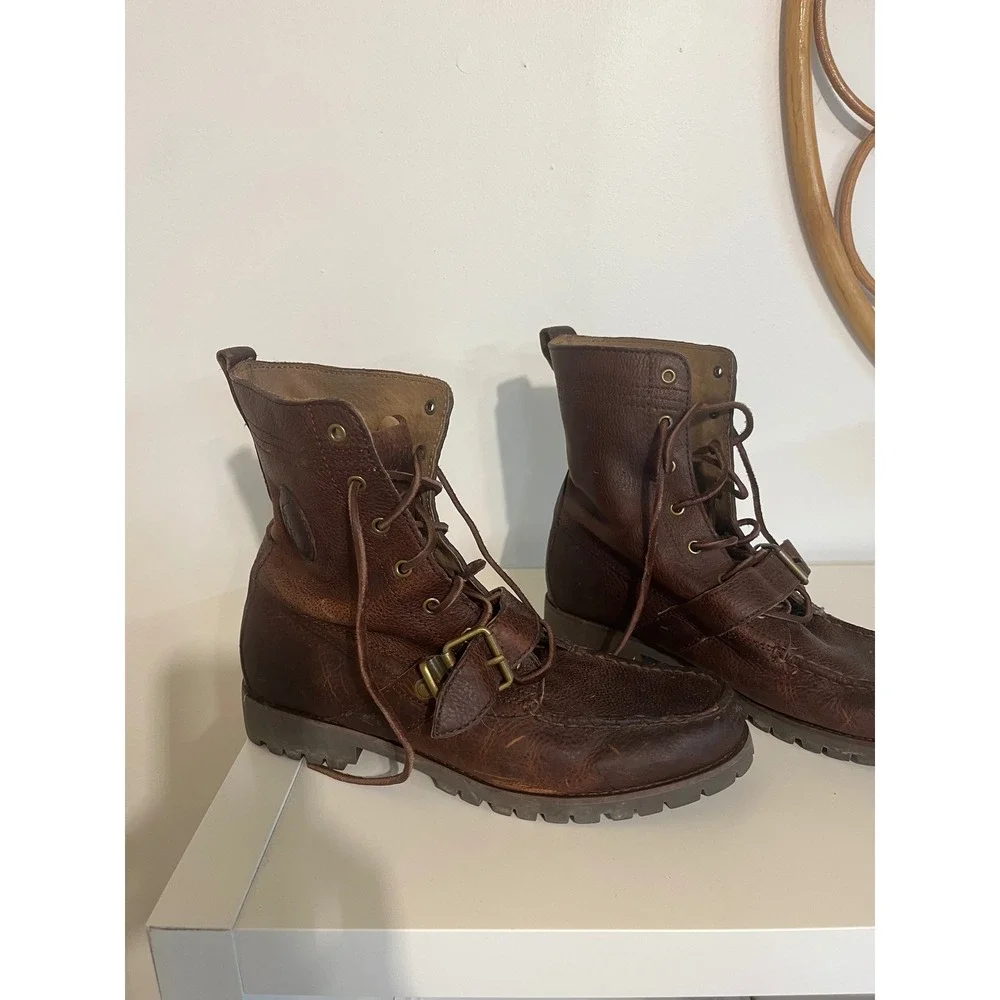 Polo Ralph Lauren Ranger Boots Mens Dark Brown Pebbled Leather Lug Sole Buckle